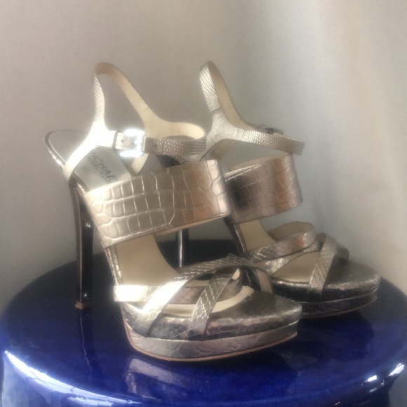 Michael kors NADJA leather embossed metallic platform high heel bronze pewter - Picture 5 of 16